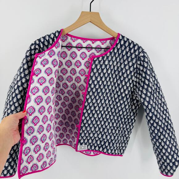 J.Crew x SZ Blockprints Reversible Quilted Jacket Blue White Floral Boho Size L - Picture 4 of 7
